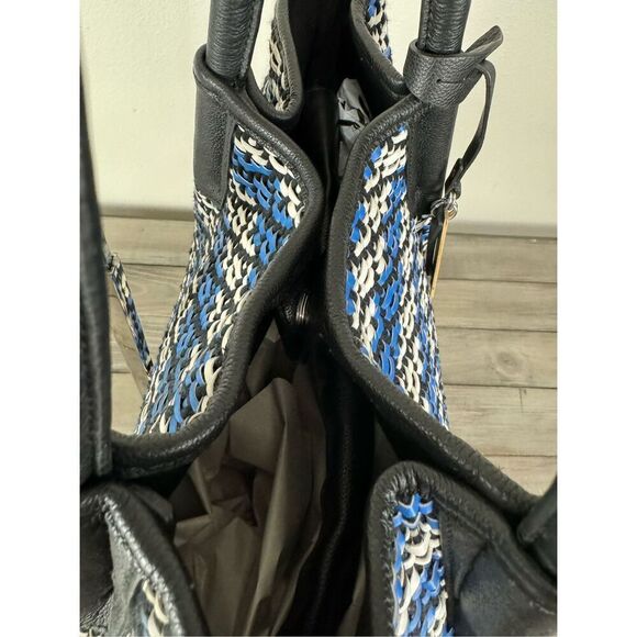 Vince Camuto Blue White Woven Harlo Tote Shoulder Leather Blend Purse - Picture 7 of 15